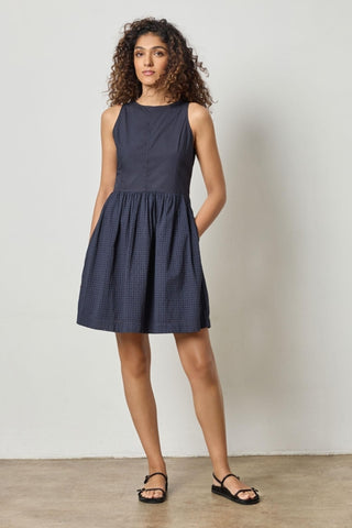 Eyelet High Neck Mini Dress - Navy