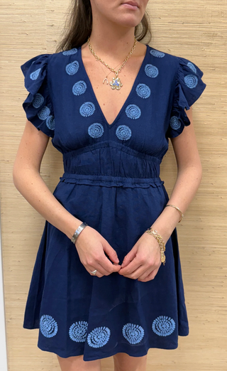 V-Neck Flutter Sleeve Mini Dress - Navy