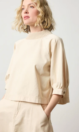 Knit Collar Twill Top - Eggshell