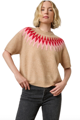 Short Sleeve Easy Fairisle Sweater - Camel Fairisle