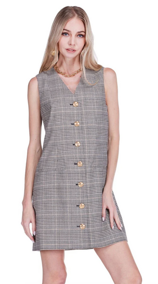 V-Neck Buttons Fitted Dress - Plaid