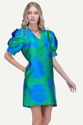 V- Neck Puff Sleeve Dress - Green Floral Brocade