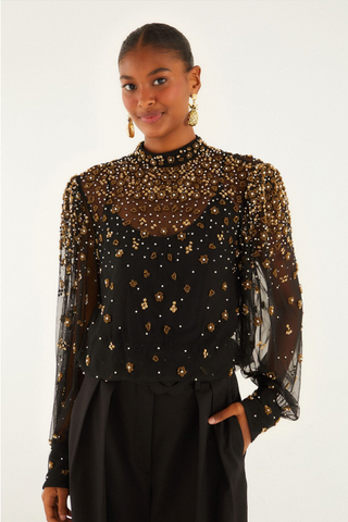 Embroidered Bubble Tulle Blouse - Black