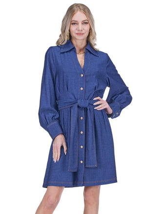 Collar Waist Pleated Shirt Dress - Denim