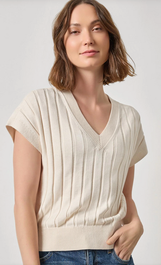 Wide Rib Wedge V-Neck Sweater - Pearl