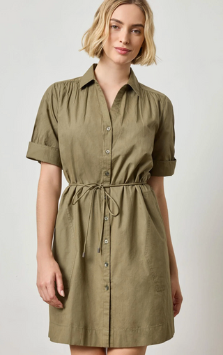Shirred Sleeve Shirt Dress - Kelp