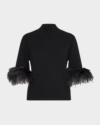 Short Sleeve Feather Mock Neck Sweater - Black