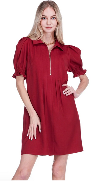 Front Zip Darts Dress - Wine