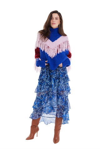 Petra Fringe Sweater, Cobalt/Blush
