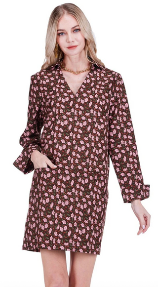 Split Neck Collar Dress - Pink Petals