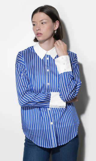 Geneviv Oversized Bold Stripe Shirt with Contrast Cuff - Blue/White