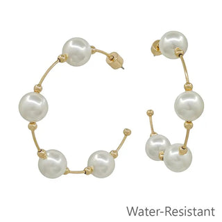 Water Resistant Pearl Beaded with Gold Bar 2" Hoop Earring