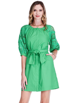 Button Front Peasant Dress - Green