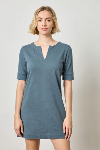 Elbow Sleeve Split Neck Dress - Dusk