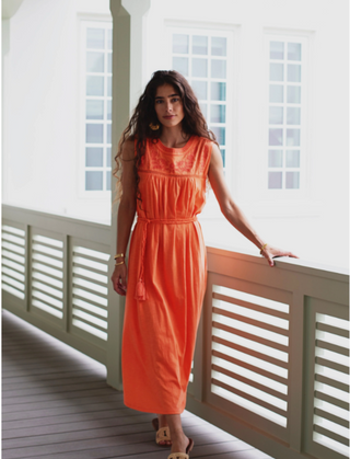 Amy Dress with Embroidery in Coral Rose