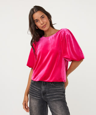 Velvet Blouse Cropped Ballon Sleeve-Berry