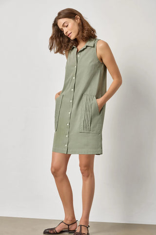 Sleeveless Pleat Pocket Dress - Sage