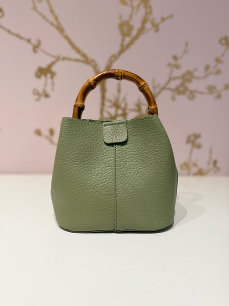 Bamboo Top Handle Crossbody Bag with Cosmetic Pouch - Green