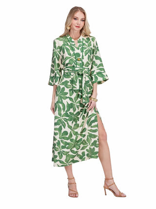 Button Pleated Midi Dress 50" - Ivory Fern
