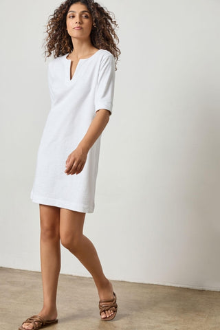 Elbow Sleeve Split Neck Dress - White