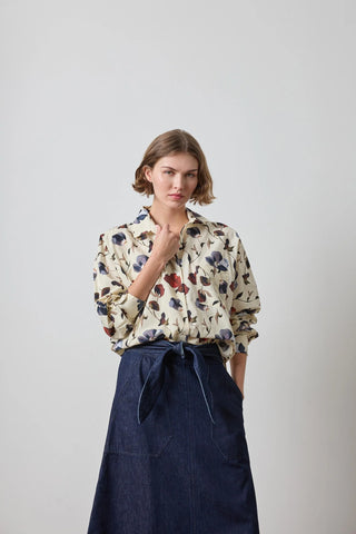 Dolman Sleeve Button Down Shirt - Blue Poppy Print