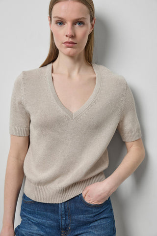 Short Sleeve V Neck Sparkle Sweater-Dove Sparkle