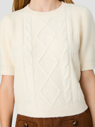 Wesley Knit Puff Sleeve Cable Top-Porcelain Cream