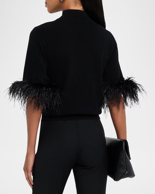 Short Sleeve Feather Mock Neck Sweater - Black
