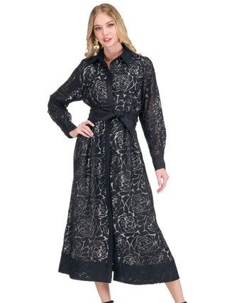 Pleated Waist 50" Shirtdress - Black Burnout Pattern