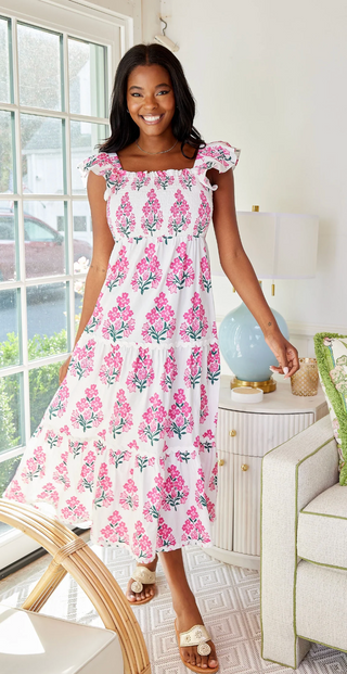 Flutter Sleeve Smocked Midi Dress - Hibiscus Block Print