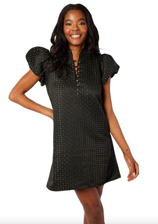 Puff Sleeve Button Front Dress - Black/Gold Jacquard