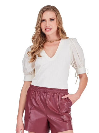Contrast U Neck Knit Top - Ivory