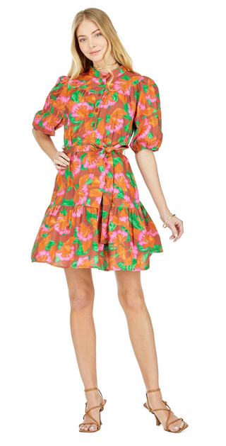 Embroidered Placket Puff Sleeve Dress - Rustic Floral