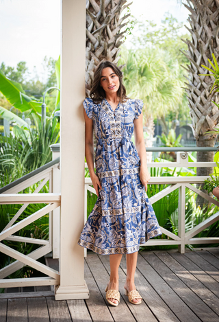 Cinched Waist Midi Flutter Midi - Birds of Paradise Print
