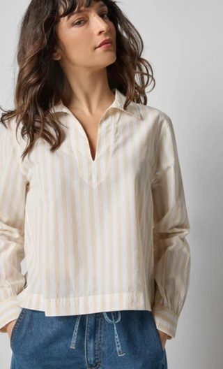 Striped Split Neck Collared Shirt - Ivory/White Stripe