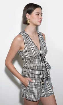 Ava Plaid High Waist Shorts - Black/Ivory