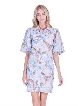 Puff Sleeve Fitted Shirtdress - Vintage Mist Eyelet