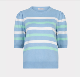 Sweater Puff Sleeve Striped Knit - Pacific Blue